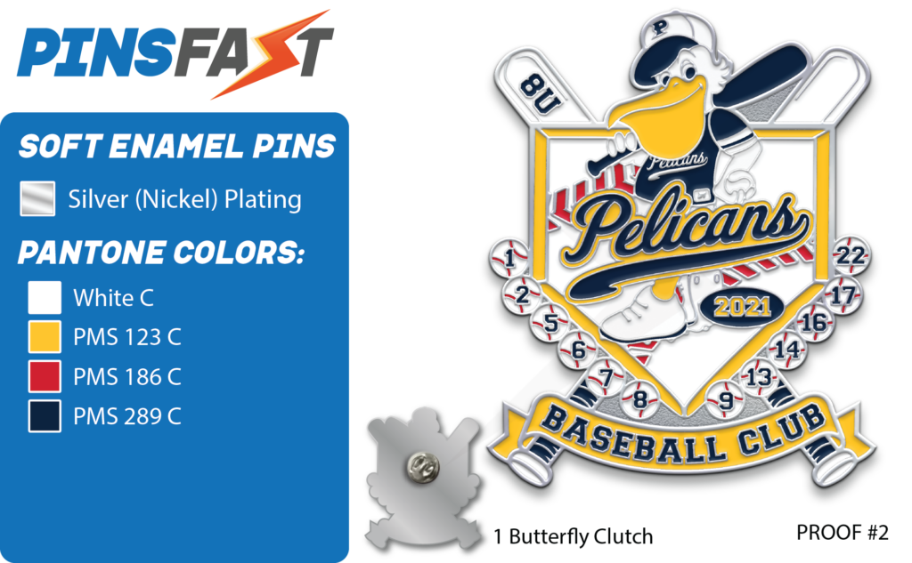 Pelicans Baseball club pins with numbers