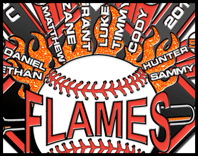 Glitter accessory example. Fiery flames twinkle around a baseball on a custom pin design.