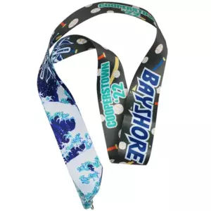 Custom lanyards example. A team's logo and artwork is printed onto the lanyard.