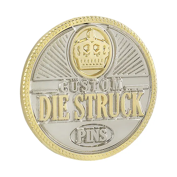 Custom die struck pins. This example has both gold and silver metal plating.