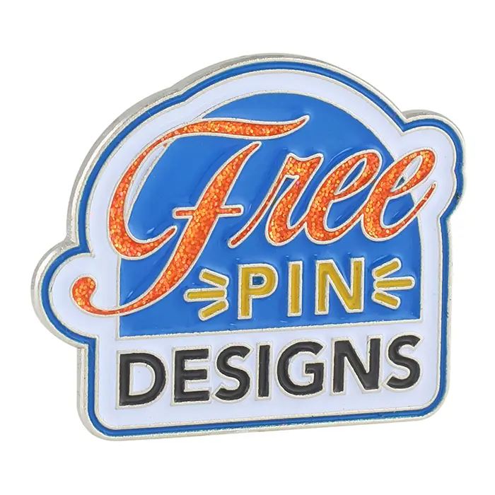 Example of a soft enamel pin with silver plating and the glitter accessory for the word "Free".
