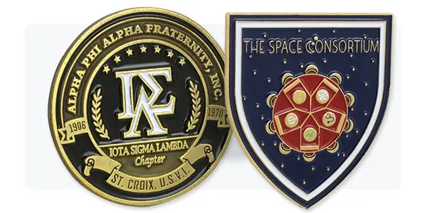 2 examples of custom soft enamel pins with intricate details like small text and fine coloring.