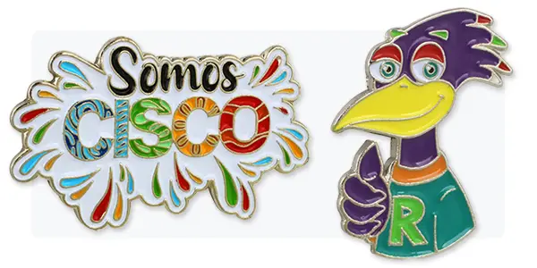 2 examples of custom soft enamel pins with bright, vivid colors.