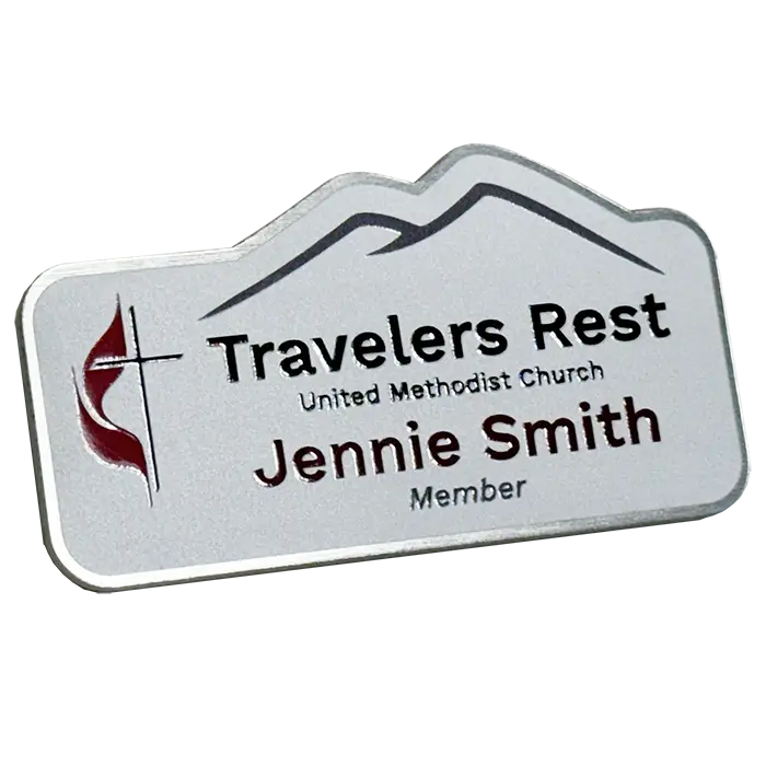Example of a custom shaped name tag for a church.