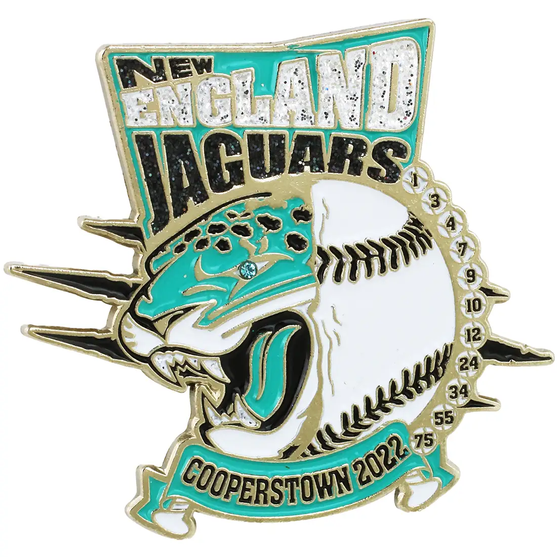 Example of a Cooperstown baseball trading pin with glitter and gemstone upgrades.