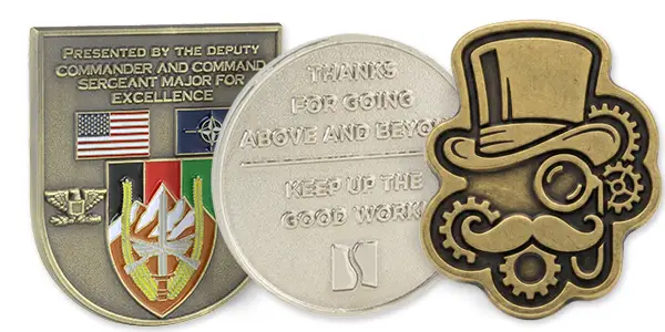 Examples of silver, gold, and antique metal die struck pins. Examples of silver, gold, and antique metal die struck pins.