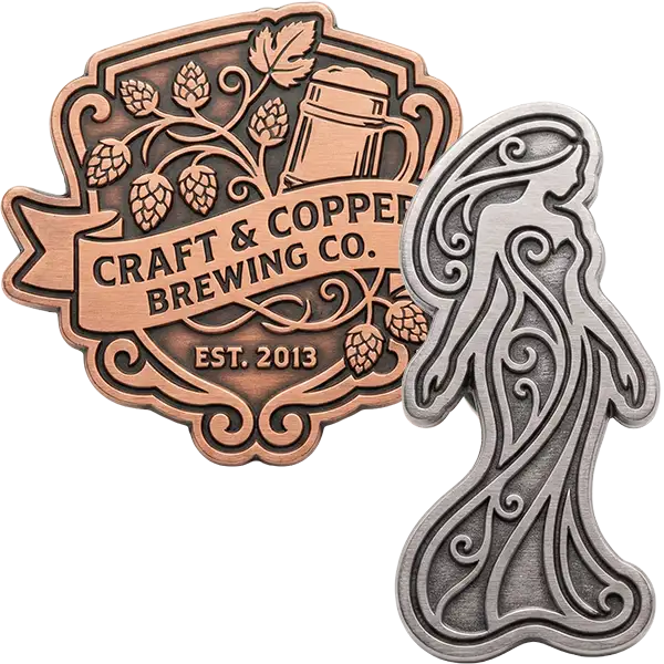 Examples of die struck pins. Solid metal with no ink color.